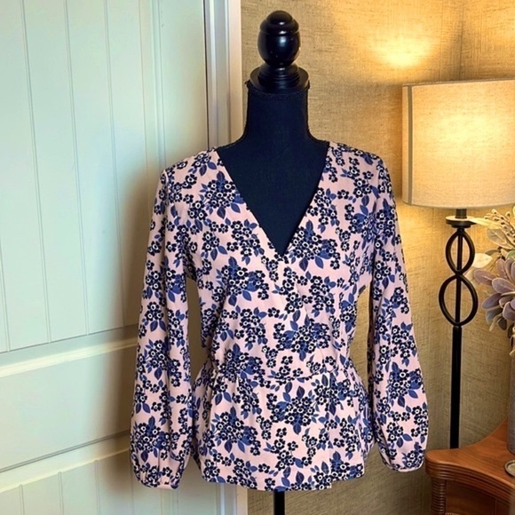 J. Crew Size 4 Surplice Peplum Floral Top Pink Blue Spring Flowers Tailored - Picture 1 of 9